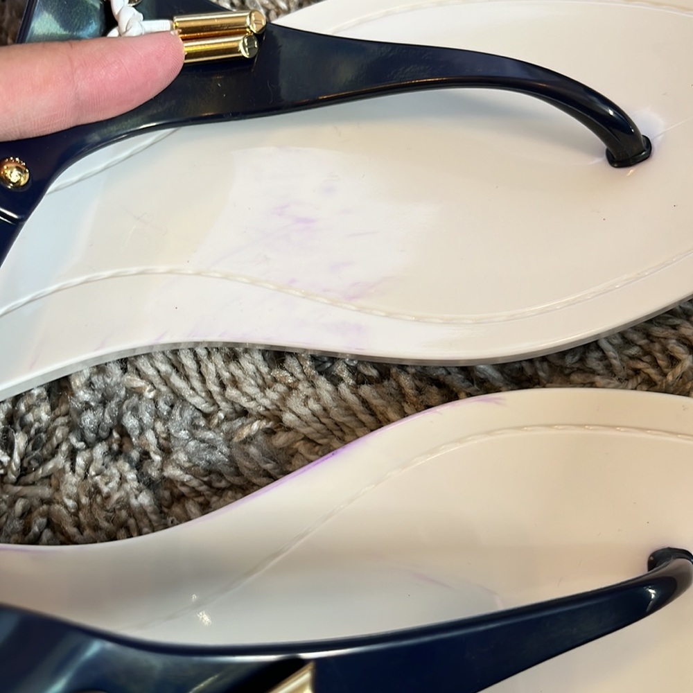 NWOB Tod’s Navy Blue/White T-Straps Thong Jelly Flat Sandals - Picture 14 of 16